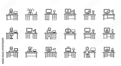 Set of hand-drawn icons representing diverse office workstations and business professionals vector