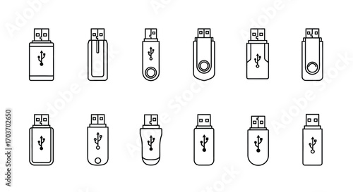 Collection of usb flash drive icons hand drawn style for digital storage and data transfer vector