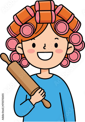 Woman With Hair Rollers and Rolling Pin	