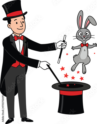 Magician pulls rabbit from top hat	