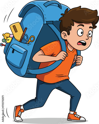 Young Boy Struggling With Heavy Backpack	
