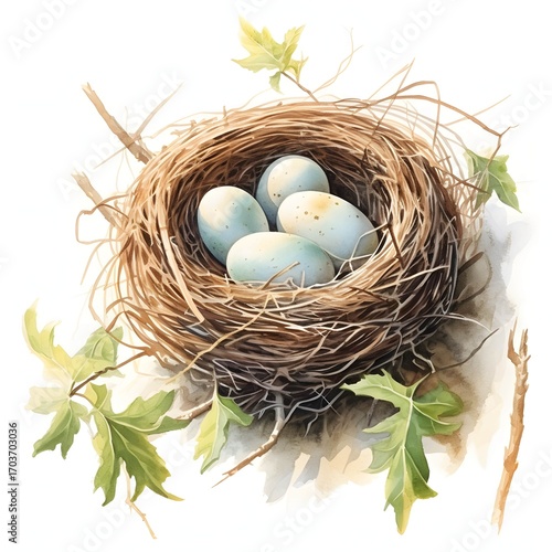 Wallpaper Mural A watercolor illustration depicts a bird's nest containing four light-blue speckled eggs, surrounded by twigs and fresh green leaves on a white background. Torontodigital.ca