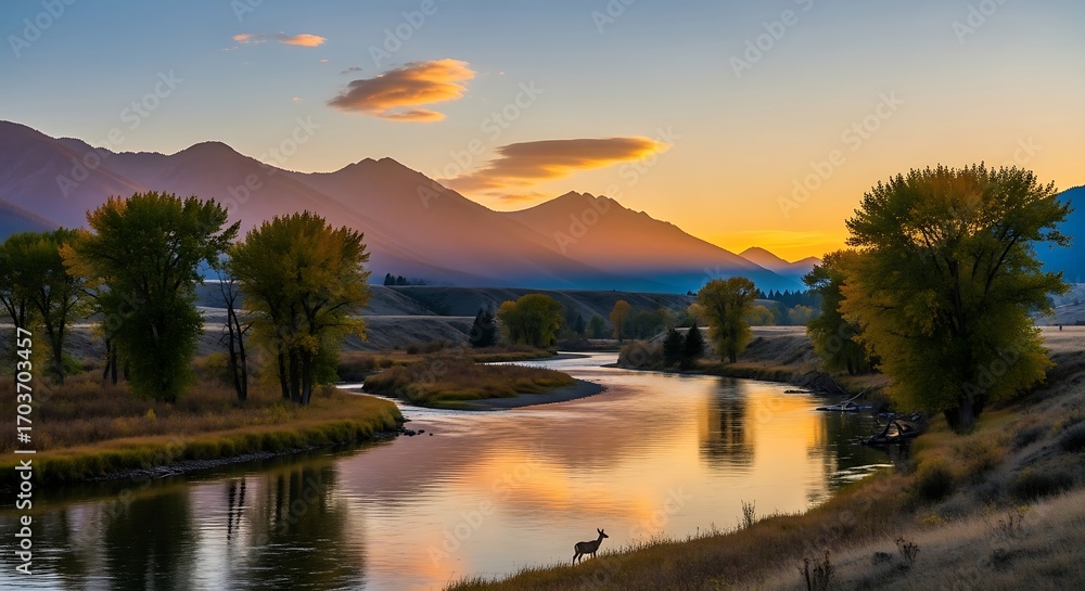 Obraz premium Scenic river landscape at sunset with mountains and trees reflecting in the water.
