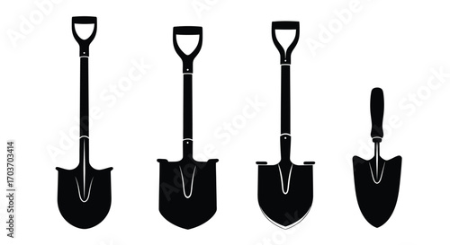 Four different sized garden shovels showcased in silhouette for versatile design applications vector