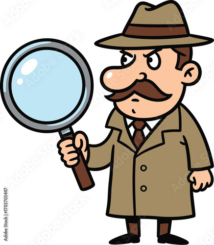Detective Holding Magnifying Glass Looking	