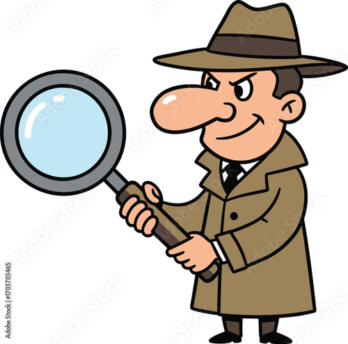 Cartoon Detective Examining with Magnifying Glass	