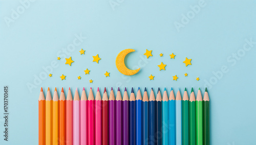 Colorful pencils moon stars background colored pencils