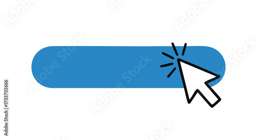 A blue rounded rectangle button is being clicked by a white cursor with a radiating click effect.
