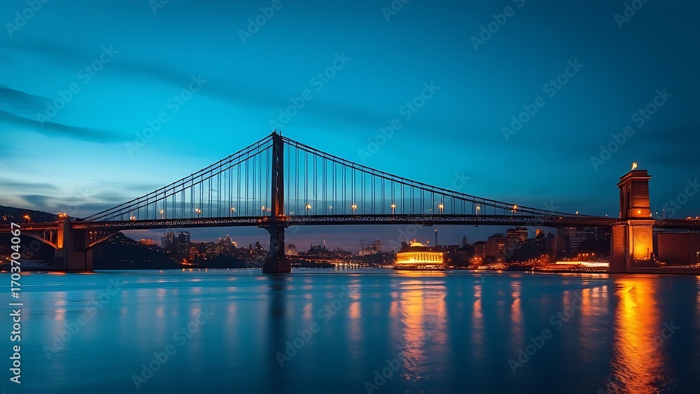 Obraz premium Silhouetted suspension bridge at dusk with city lights