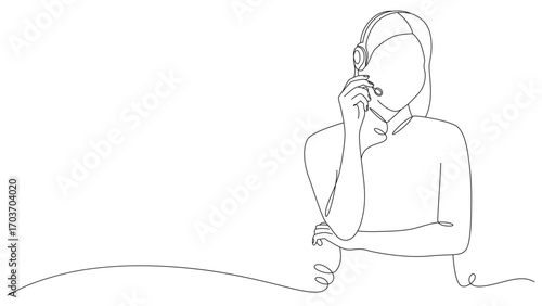 Elegant Line Art of a Customer Service Representative with Headset in Call Center