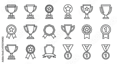 Collection of diverse trophies and medals hand-drawn style celebrating victory and achievement vector