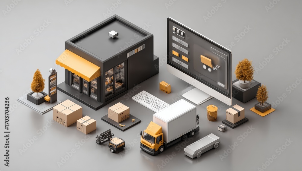 Fototapeta premium 3D isometric illustration of an online retail store. Delivery system