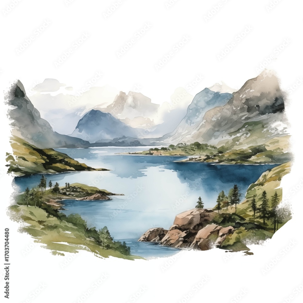 Obraz premium The illustration shows a picturesque lake surrounded by lush greenery and towering mountains, painted in a watercolor style.
