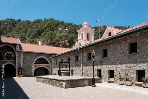 View of Holy Monastery of the Virgin Mary of Kykkos on sunny day. Cyprus.