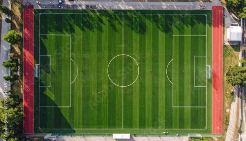Aerial View of a Green and White Striped Soccer Field with Red Running Track Surrounded by Trees Under Bright Sunlight
