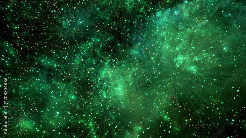 Obraz premium Stunning Abstract Background of Green Starburst and Bright Glittering Particles in Cosmic Space