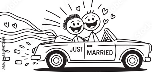 Love on Wheels: Joyful cartoon couple, fresh from their vows, rides into happiness in a charming convertible, confetti trailing behind, representing pure bliss and the promise of a shared future.