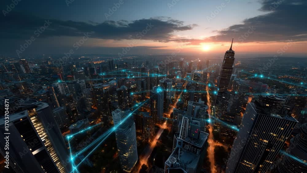 custom made wallpaper toronto digitalFuturistic city skyline sunset with glowing digital network connections over skyscrapers showcasing advanced technology, urban buildings, and vibrant metropolitan connection illuminated by evening