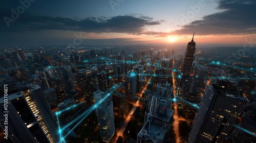 Wallpaper Mural Futuristic city skyline sunset with glowing digital network connections over skyscrapers showcasing advanced technology, urban buildings, and vibrant metropolitan connection illuminated by evening Torontodigital.ca