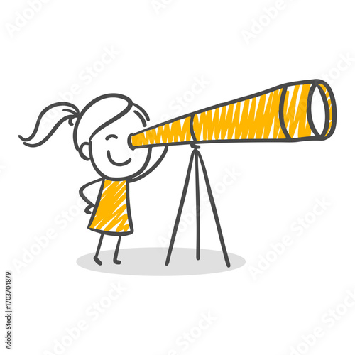 Positive posture of a young character looking through a telescope symbolizing dreams and goals for the future.
