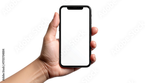 A hand holding a black smartphone with a blank white screen.  The phone is positioned vertically, displaying a plain white screen.  