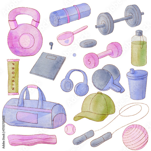 Fitness clipart with dumbbells, resistance bands, water bottles and gym accessories isolated on transparent background PNG
