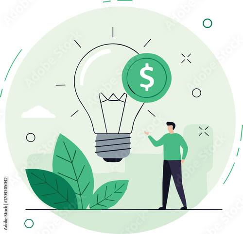 Light bulb with dollar coin, green energy savings, eco-friendly finance, renewable innovation, money growth, economy investment, power efficiency, sustainability