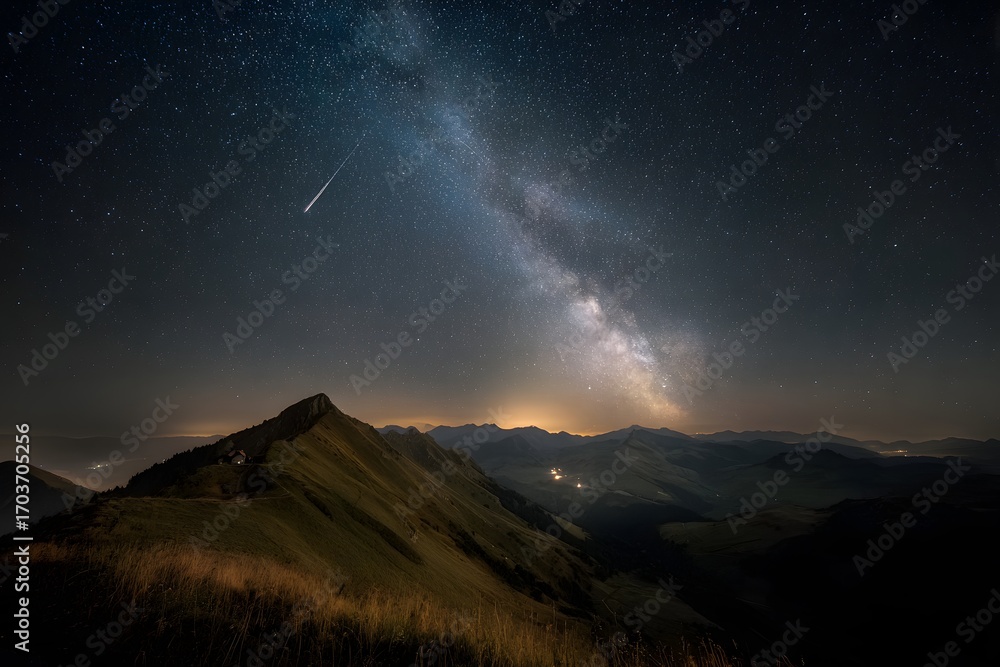 Fototapeta premium Starry night sky over mountain landscape milky way