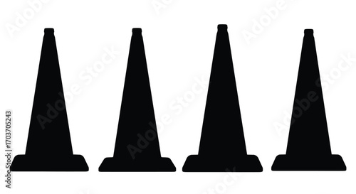Four black traffic cones lined up in a row isolated on a vector