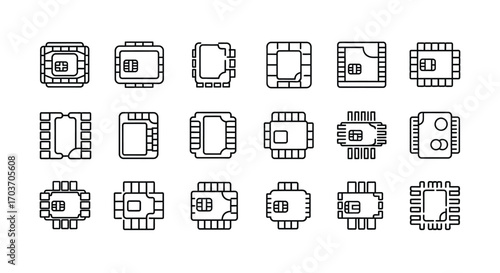 Collection of schematic icons representing various electronic integrated circuits and components vector