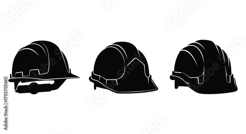 Three black hard hats in silhouette showing different angles for construction safety and workwear vector