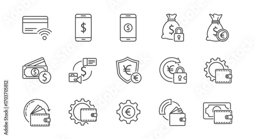 Modern financial technology icons representing digital payments security and online transactions vector