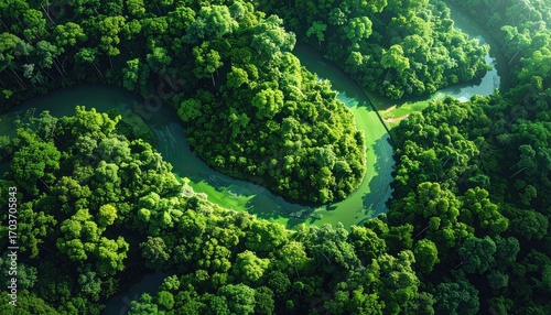 Aerial View of Green River Surrounded by Lush Forest at Daytime Landscape