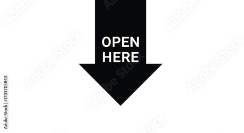 Black arrow pointing downwards with the text "OPEN HERE" in white, indicating direction or instructions.
