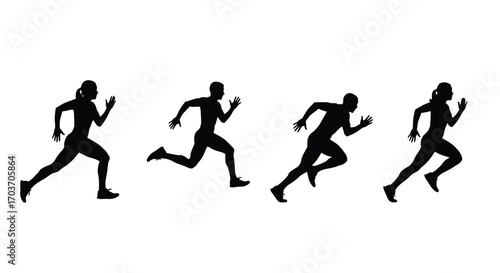Four dynamic silhouettes of athletes running in sequence capturing motion and speed vector