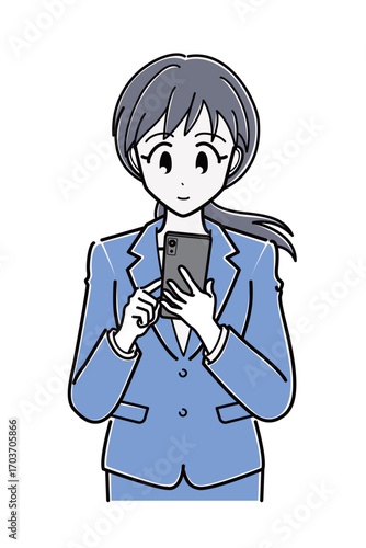 スマートフォンを操作するスーツのOLさん（上半身・シンプル）