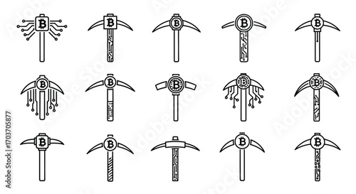 Collection of diverse pickaxe icons for mining and construction projects creative design elements vector