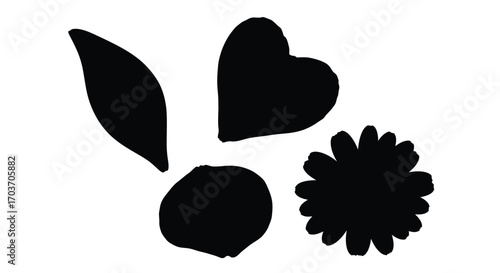 Black silhouettes of four simple organic shapes leaf heart circle flower petal isolated vector