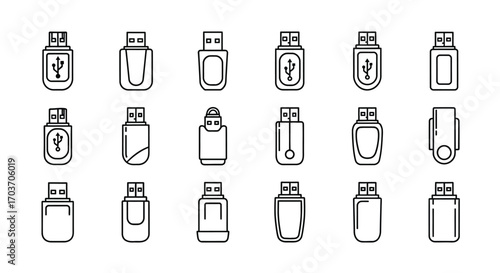 Collection of various usb flash drive icons showcasing diverse designs and storage solutions vector