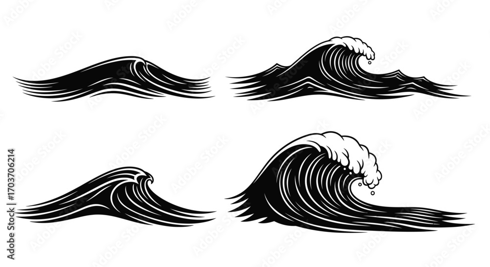 Fototapeta premium Dynamic japanese ink style waves set for seaside coastal and ocean designs vector