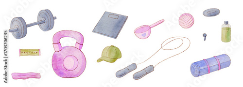 Fitness clipart with dumbbells, resistance bands, water bottles and gym accessories isolated on transparent background PNG