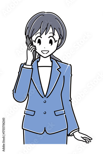 スマートフォンで電話をしているスーツのOLさん（上半身・シンプル）