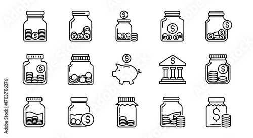 Collection of hand-drawn icons representing savings financial growth and money management concepts vector