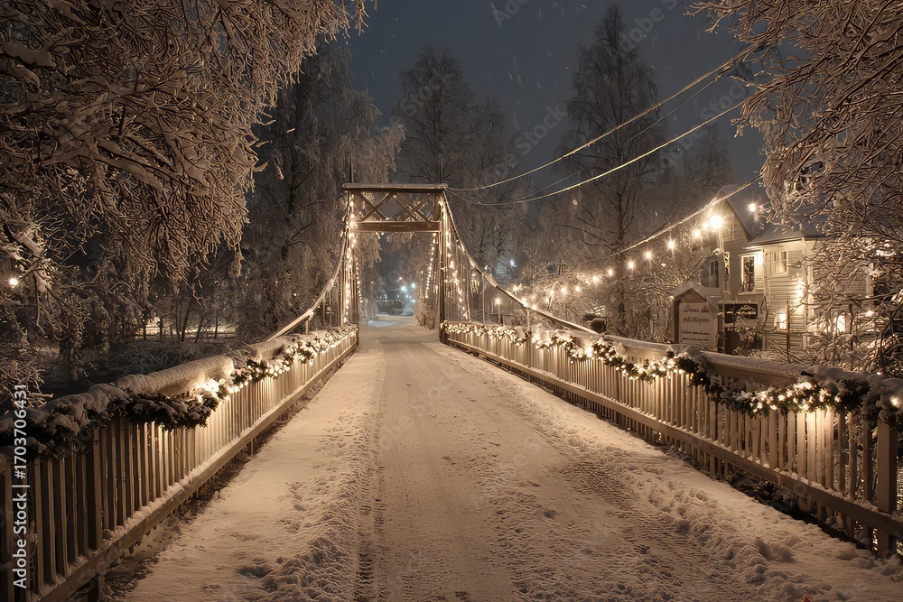 Fototapeta premium Snow covered bridge decorated with garland