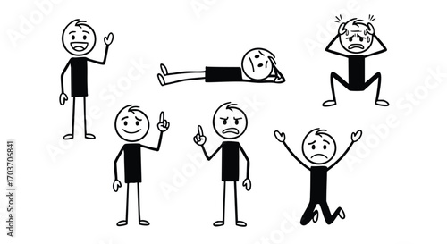 Simple stick figures depicting various emotional states and physical poses, illustrating different feelings.