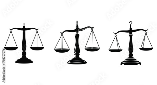 Three silhouette scales of justice symbols in a row isolated for legal concepts vector