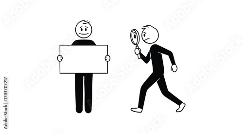 Two stick figures interacting, one holding a blank sign, the other examining with a mirror.