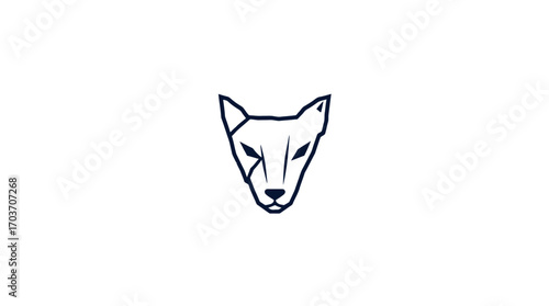 A minimalist line drawing of a stylized feline head, facing forward, with a scar.