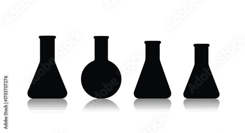 Four black chemical flasks of various shapes isolated on white for science and laboratory concepts vector
