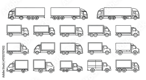 Collection of various truck types freight transportation delivery vehicles set isolated simple line art vector